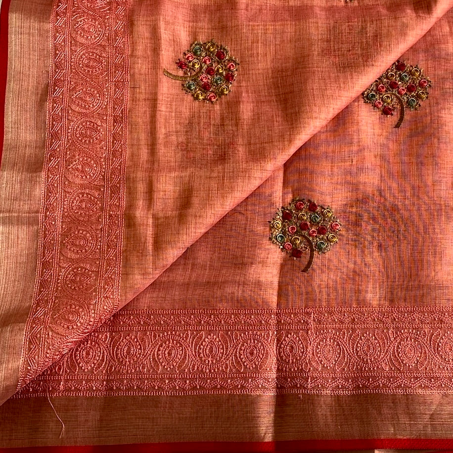 Peach Coral Soft Tussar Silk Saree With Scarlet Red Border