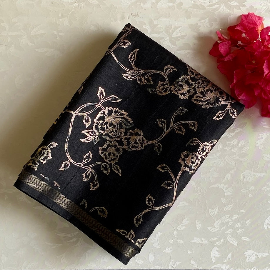 Jet Black Soft Tussar Silk Saree With Antique Gold Floral Pallu