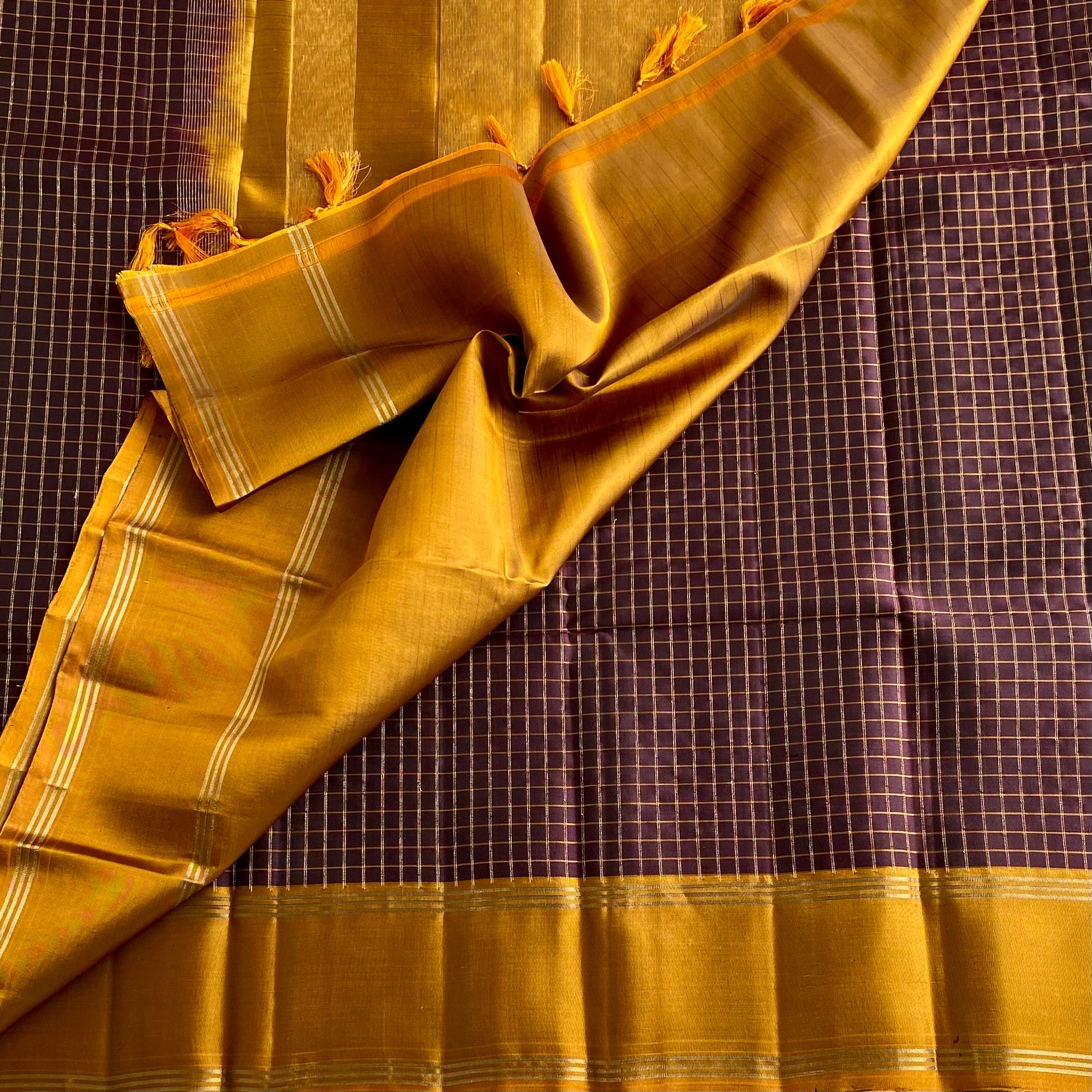 Deep Coffee Checkered Designer Pure Silk With Mustard Gold
