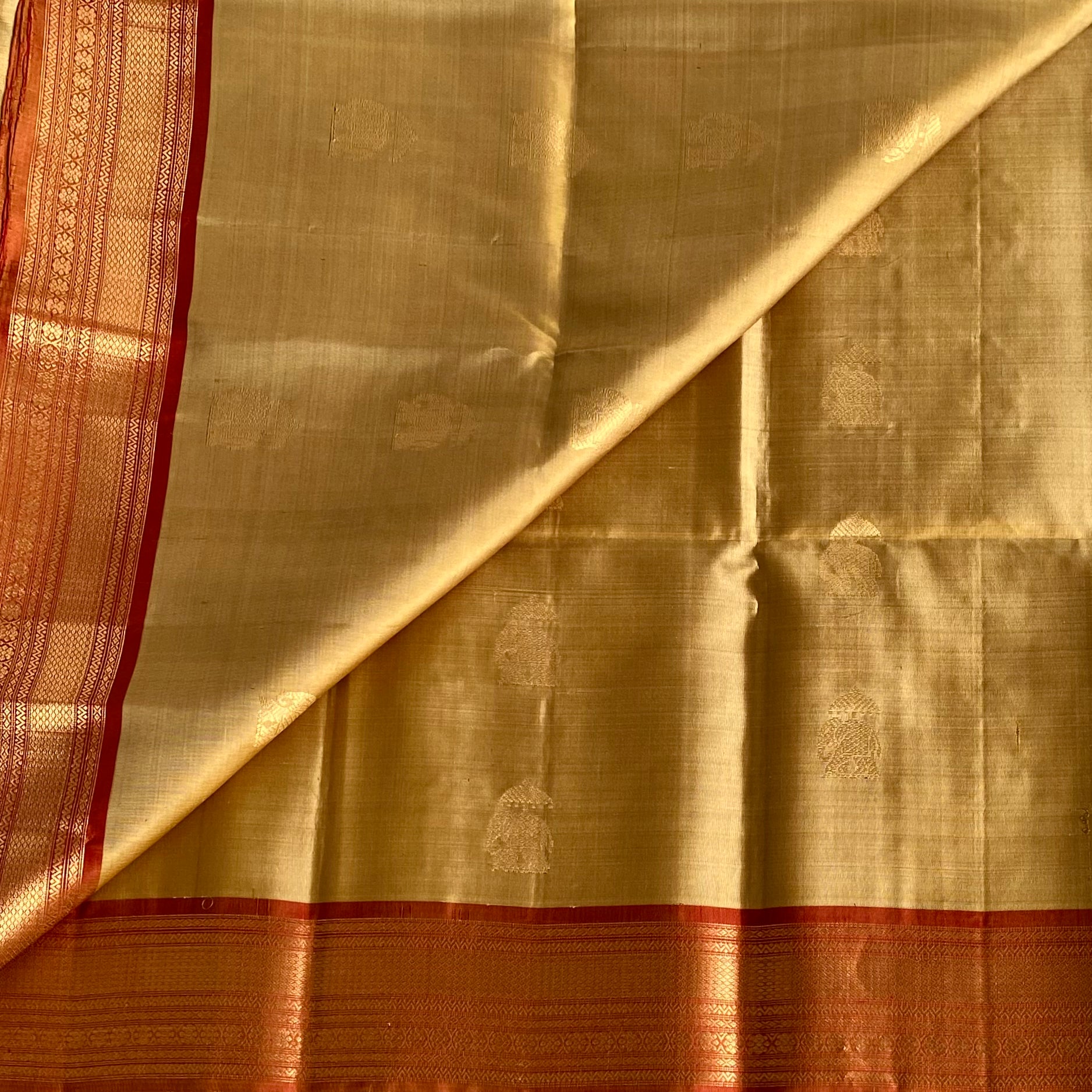 Antique Gold Designer Pure Silk Saree With Rust Orange Pallu