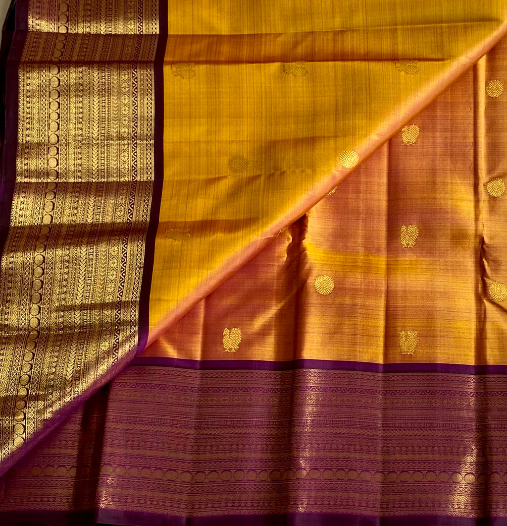 Royal Purple Mustard Gold Brocade Silk Saree Wedding Festive Traditional