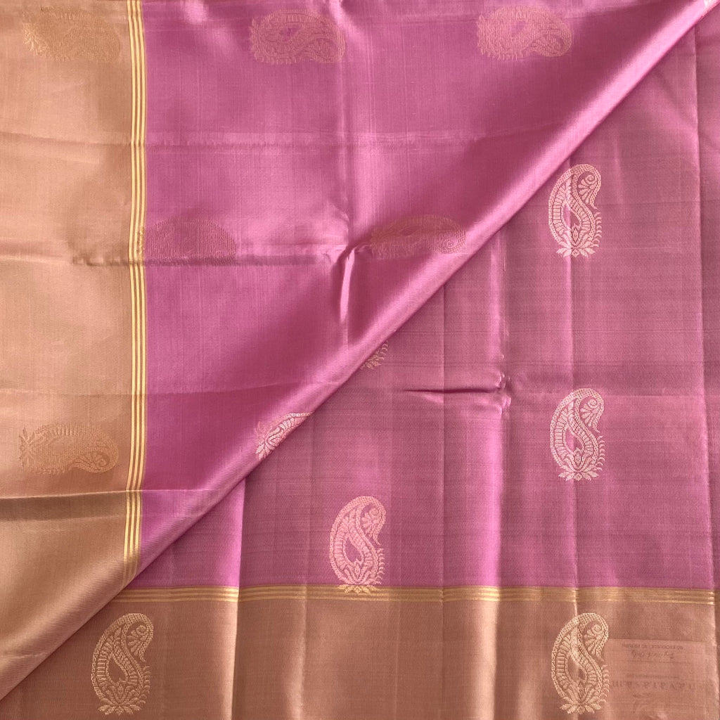Dreamy Pastel Rose Designer Pure Silk Saree With Biscuit Brown Pallu