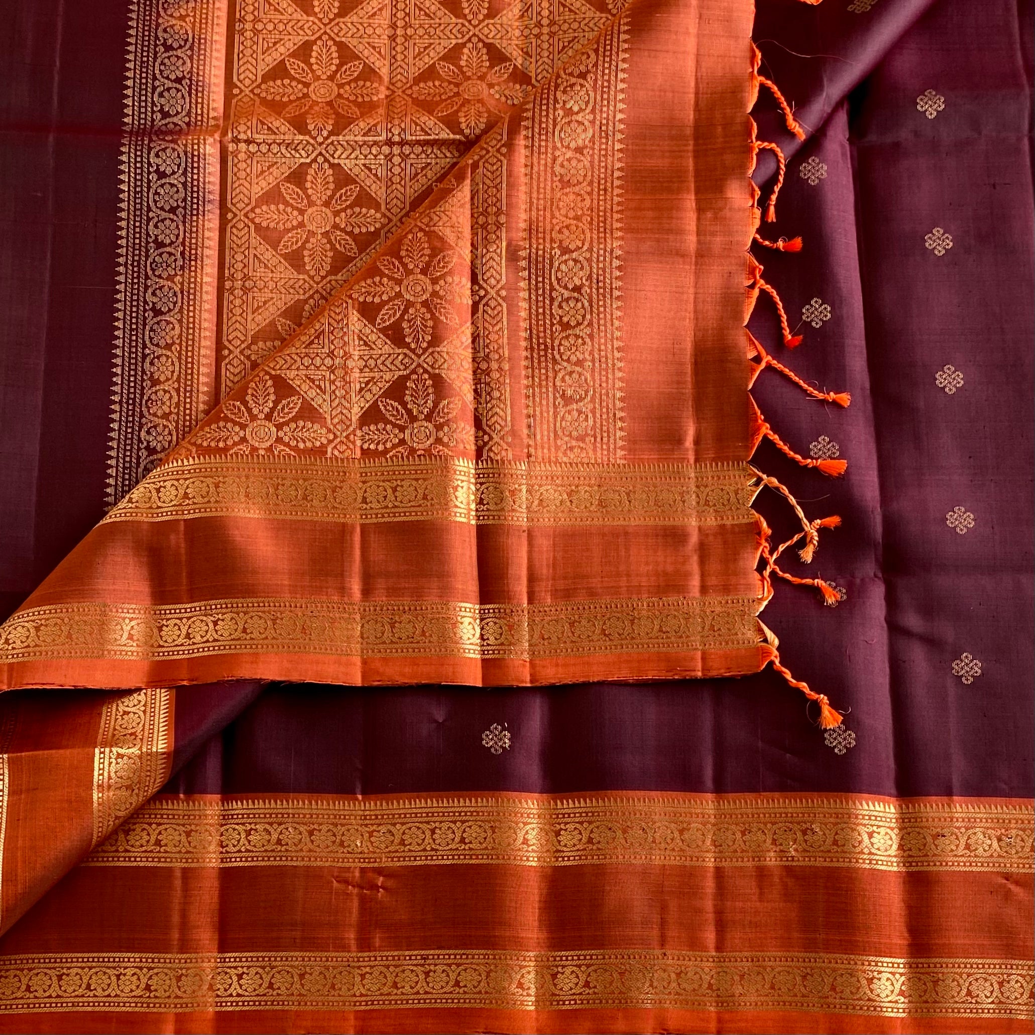 Espresso Brown Designer Pure Silk Kollam With Burnt Orange Retta Petta Borders