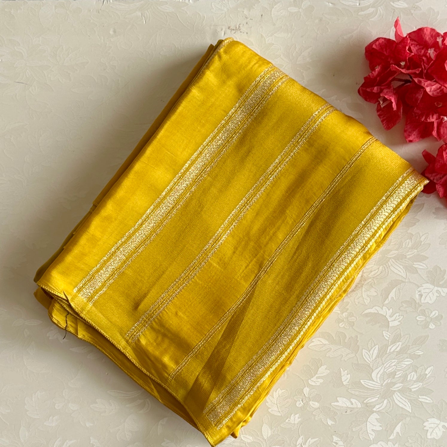 Traditional Mustard Yellow Zari Striped Saree with Emerald Accent