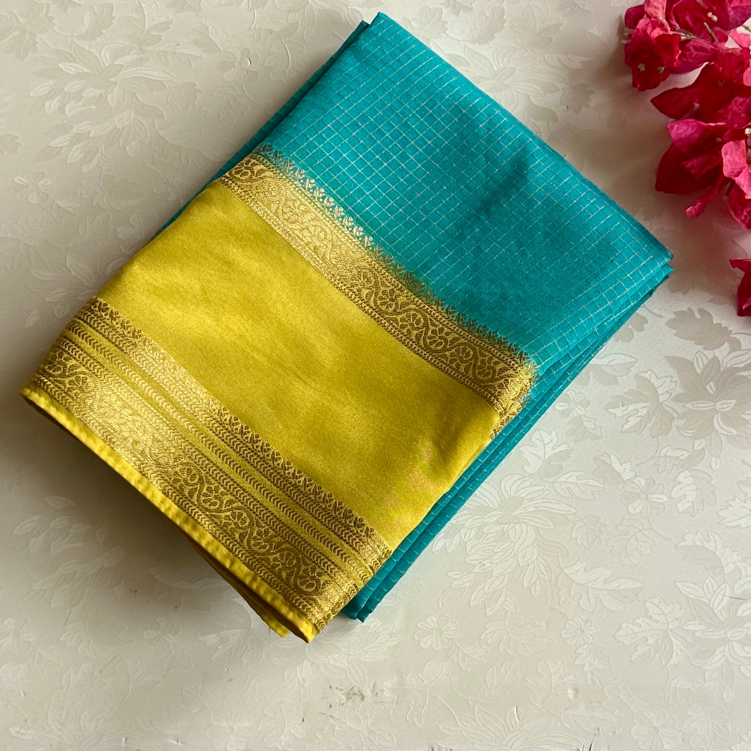 Deep Teal Chartreuse Yellow Saree With Gold Zari Border Traditional