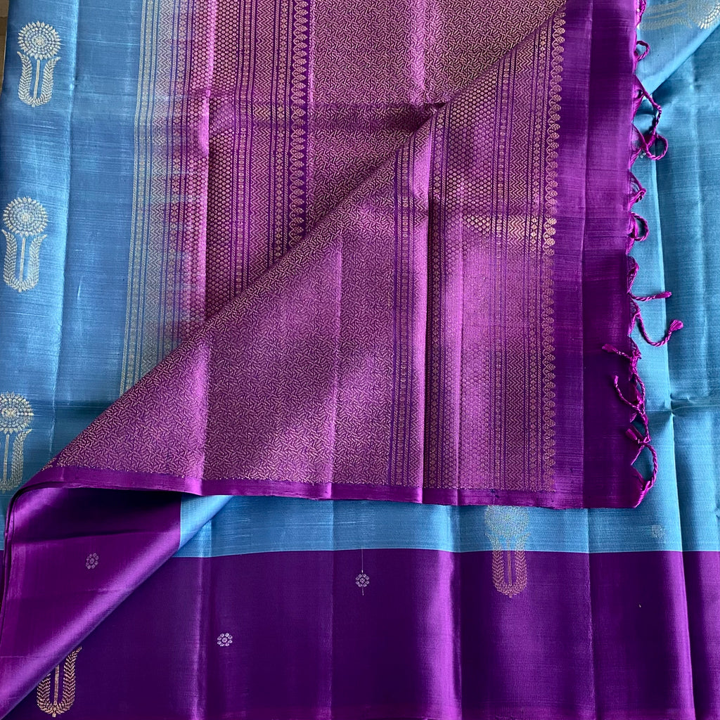 Royal Purple Designer Pure Silk Saree With Teal Blue Pallu