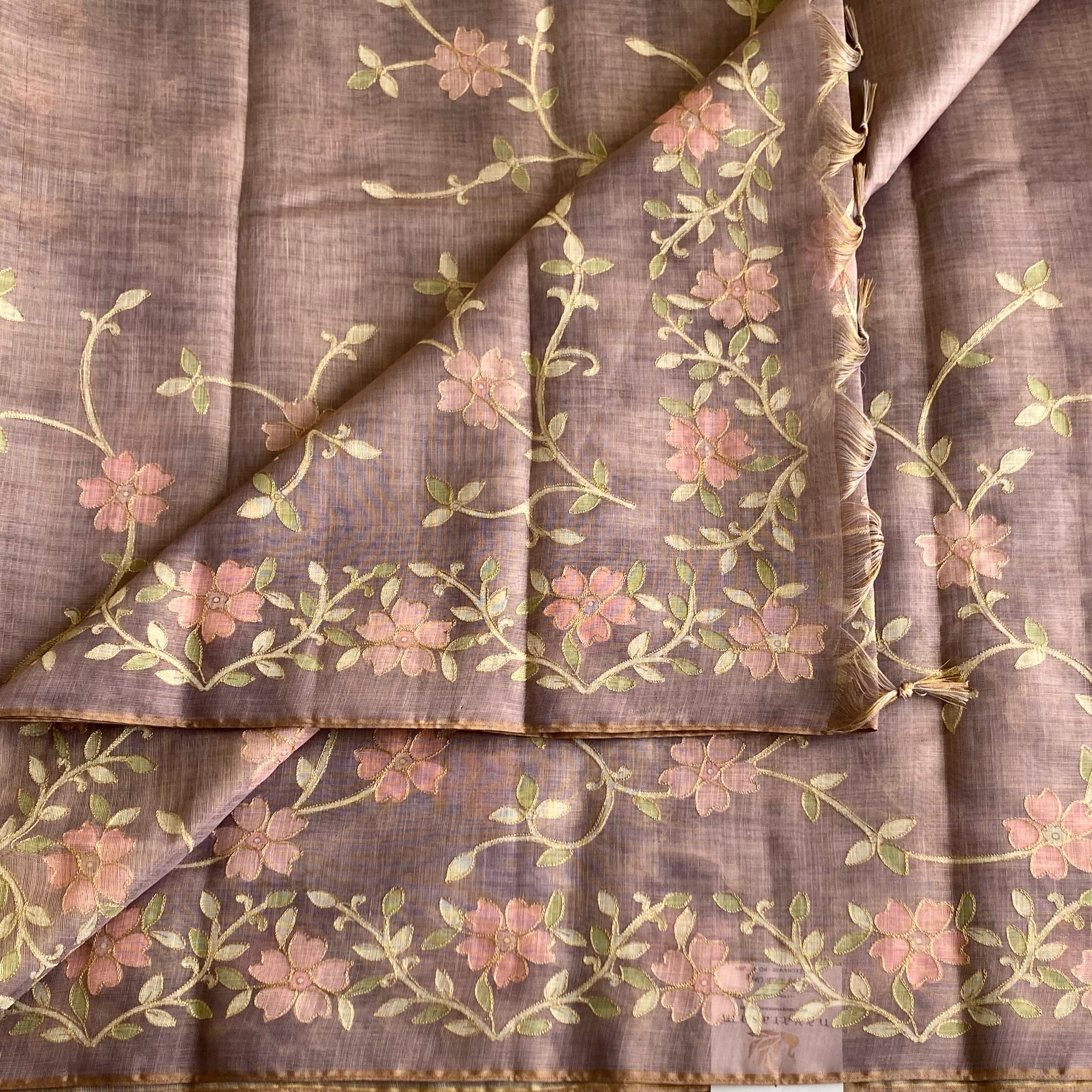 Light Lavender Floral Embroidered Saree with Gold Border Lightweight Elegant Occasion Wear