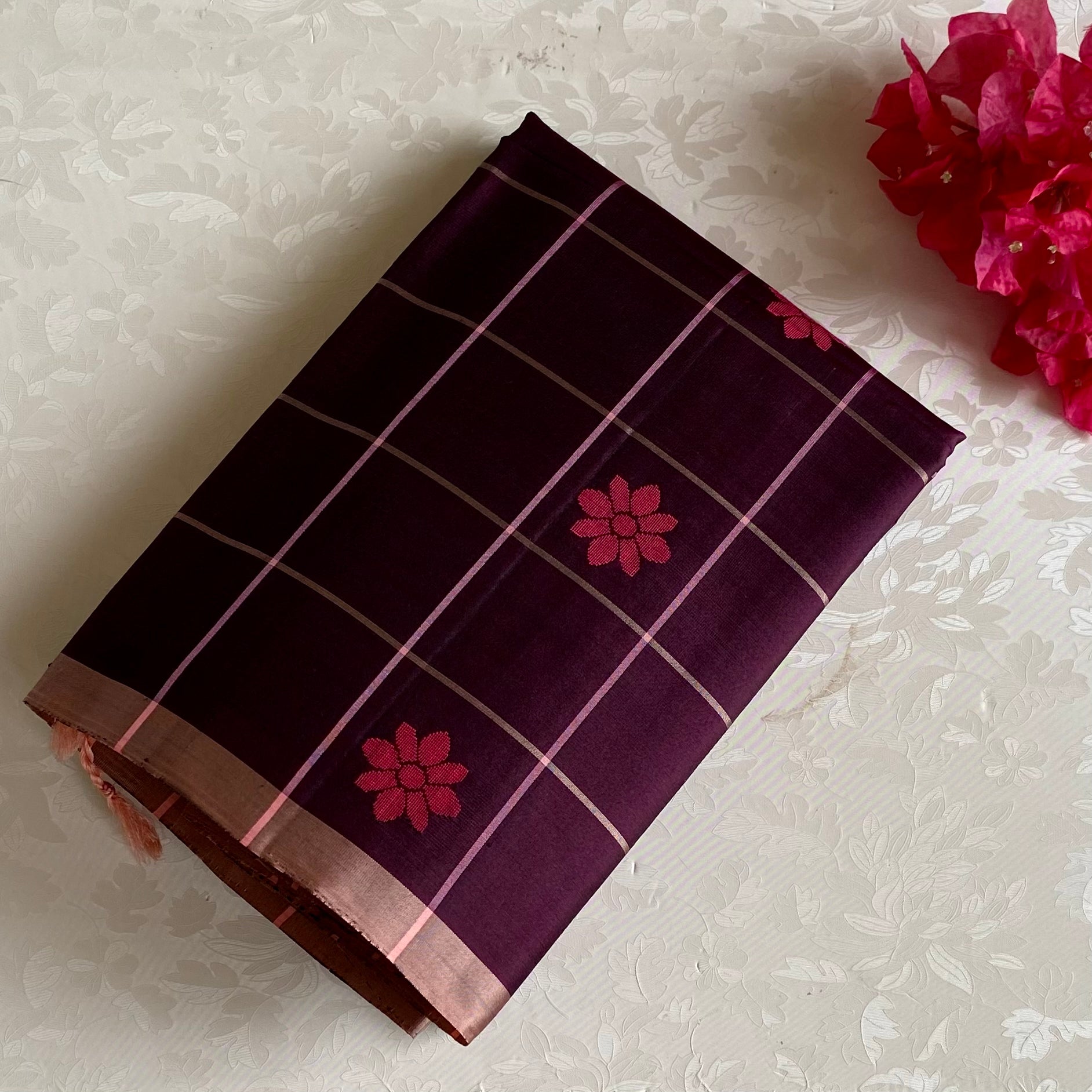Deep Plum Designer Pure Silk Saree With Peach Pink Pallu