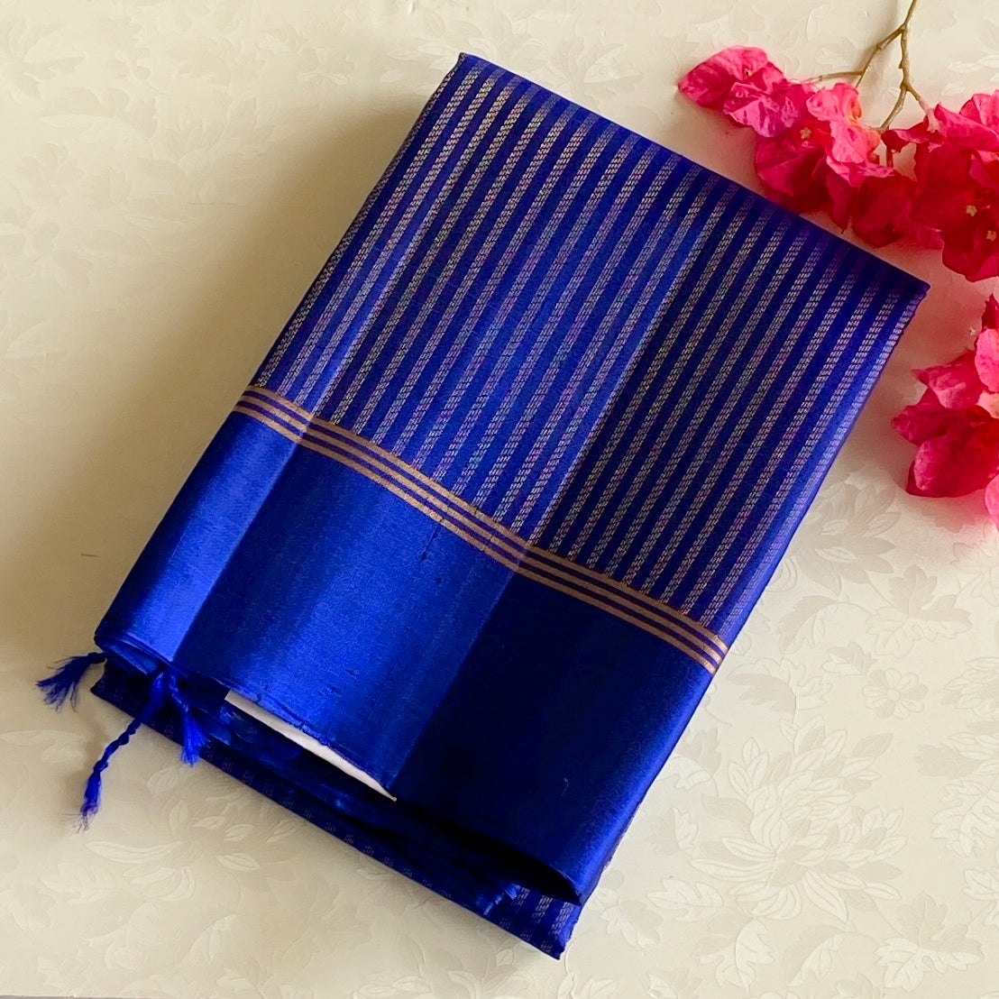Cobalt Blue Zari Striped Saree With Gold Border And Tassels