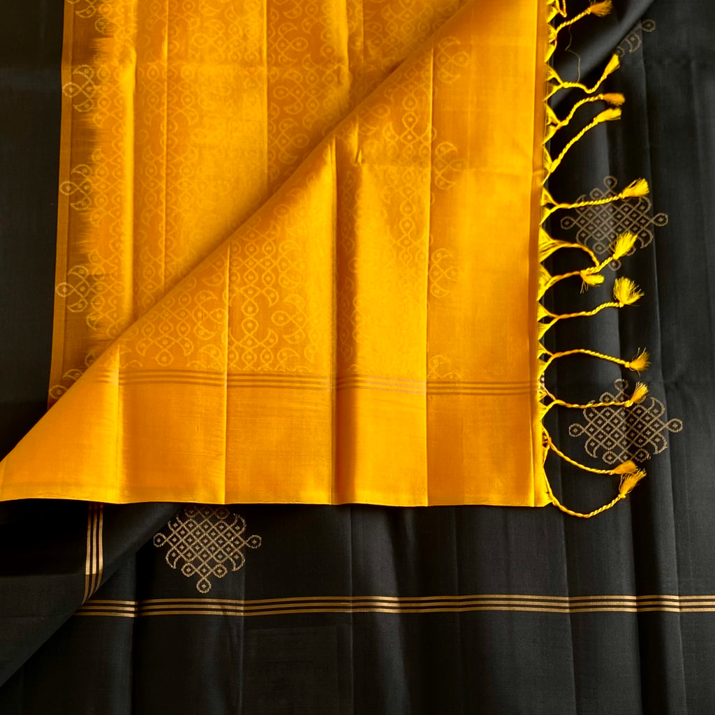 Charcoal Black Designer Kollam Pure Silk Saree With Mustard Yellow Pallu