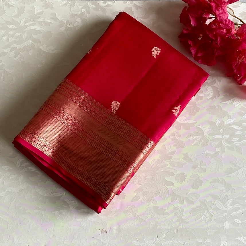 Cherry Red Designer Pure Silk Saree With Antique Gold Border