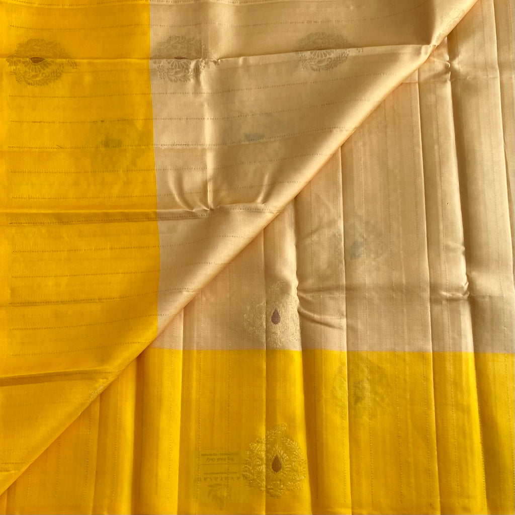 Champagne Beige Designer Pure Silk With Golden Yellow Contrast