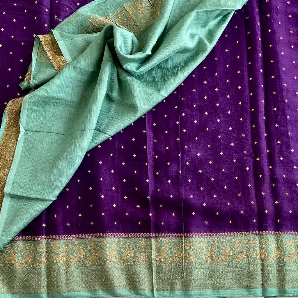 Royal Purple Soft Tussar Silk Saree With Mint Green Pallu