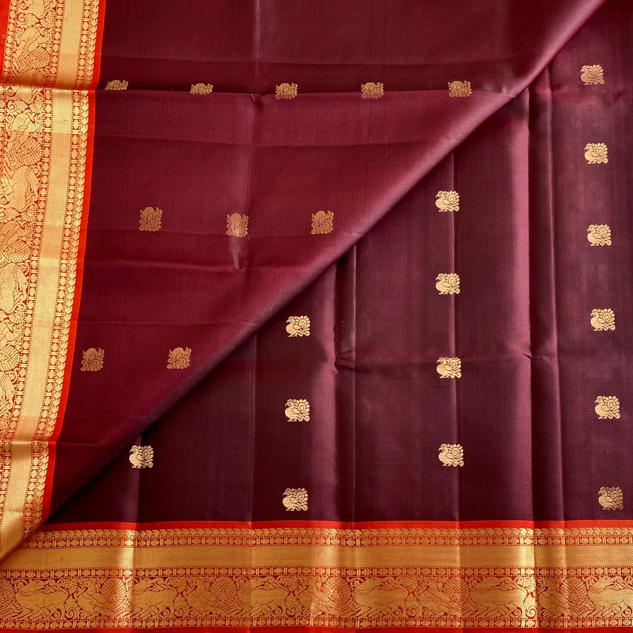 Espresso Wine Designer Pure Silk Saree With Bright Orange Pallu And Gold Zari