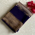 Navy Blue With Turquoise Soft Tussar Silk Saree Antique Gold Floral Pallu