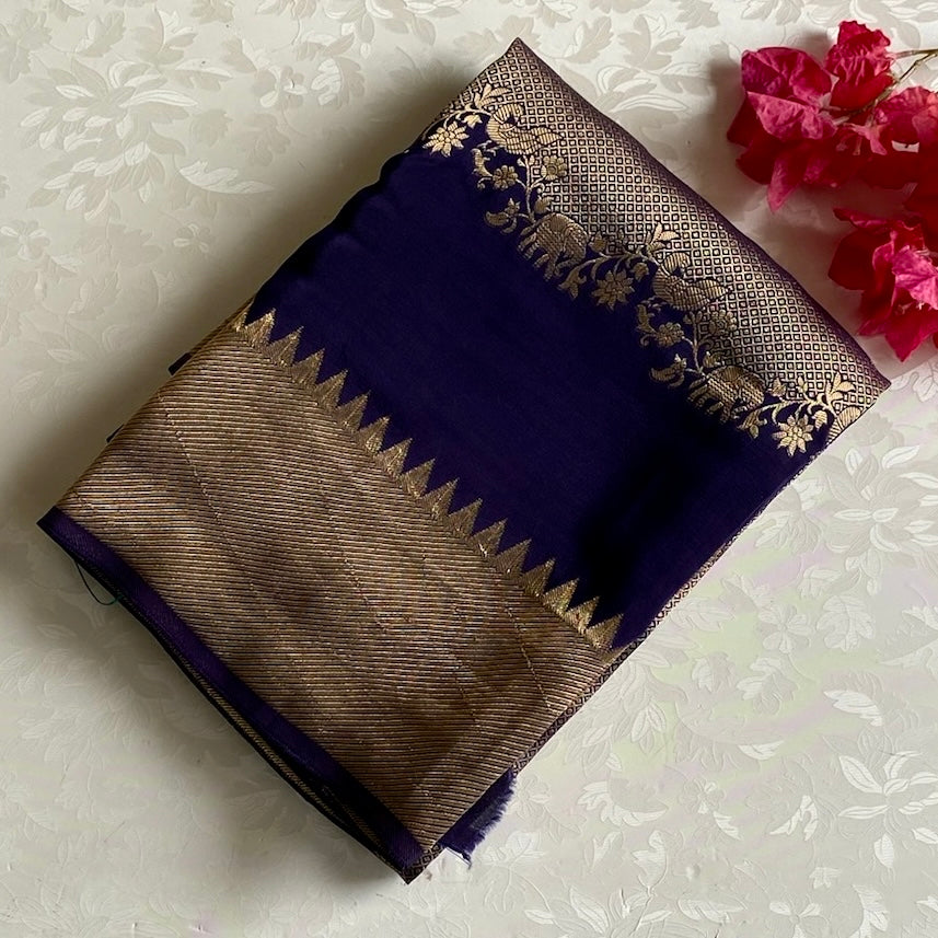 Navy Blue With Turquoise Soft Tussar Silk Saree Antique Gold Floral Pallu