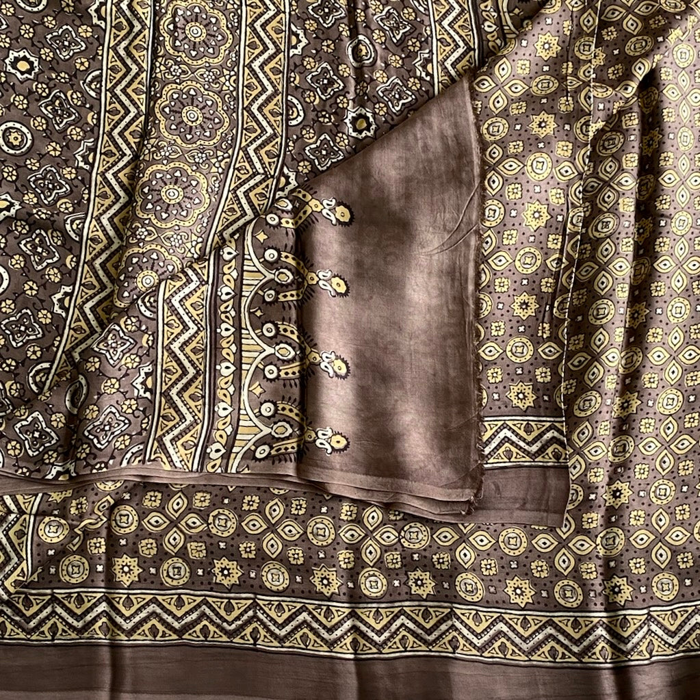 Taupe Brown AJRAKH HANDBLOCK PRINTED SILK Saree With Mustard Yellow Buttas