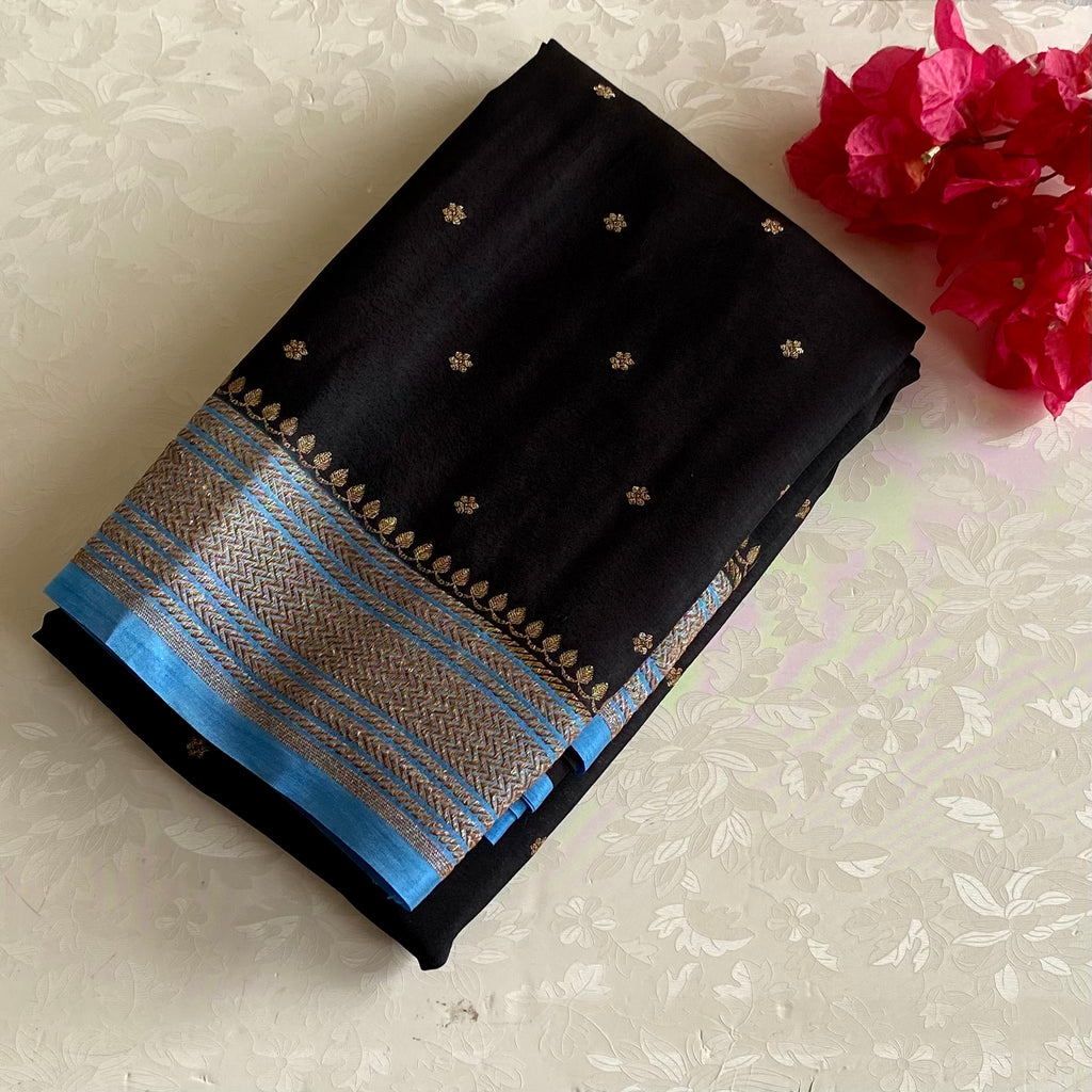 Jet Black Banarasi Crepe Silk Saree With Turquoise Blue Border