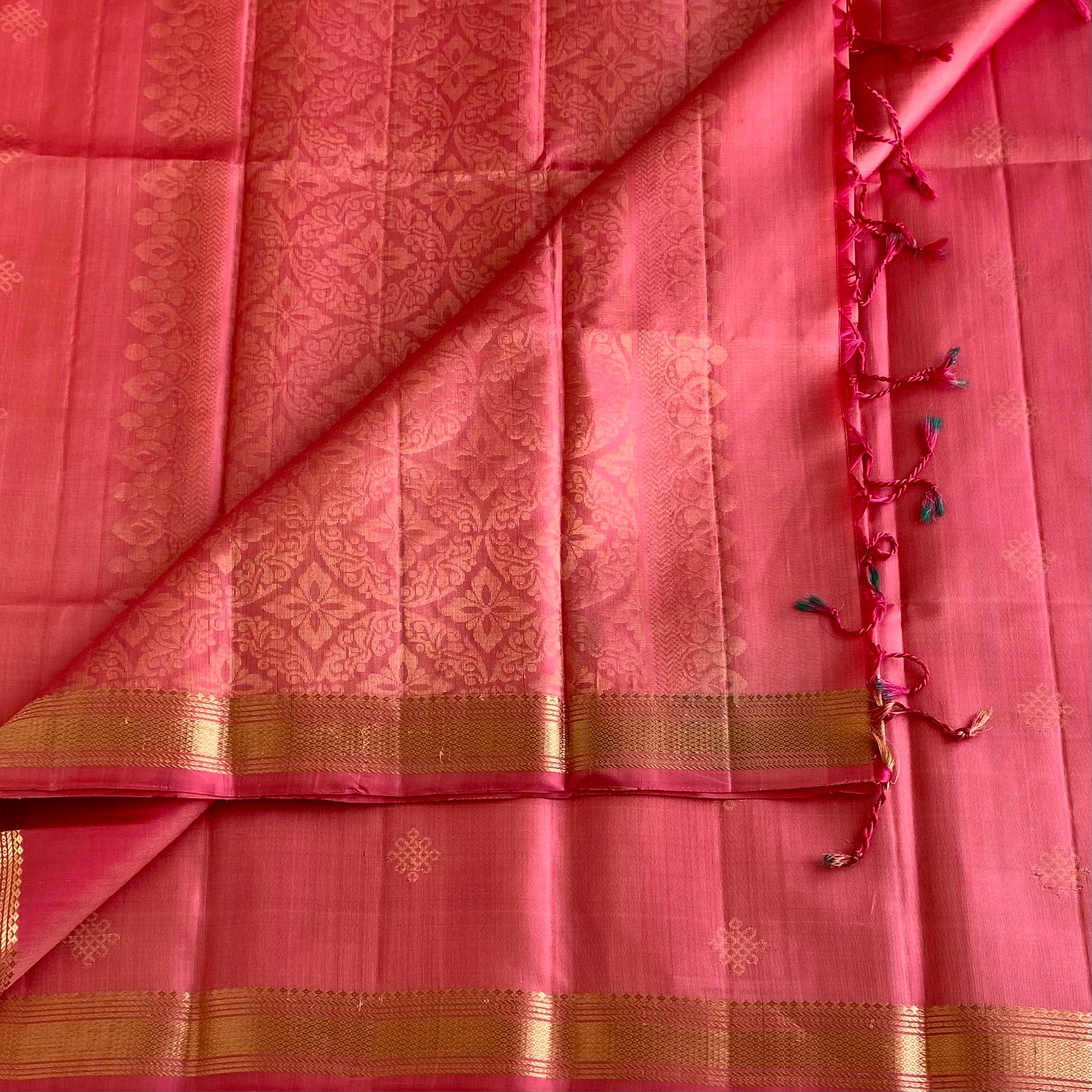 Metallic Rose Pink Designer Pure Silk Kollam Zari Woven With Rich Pallu