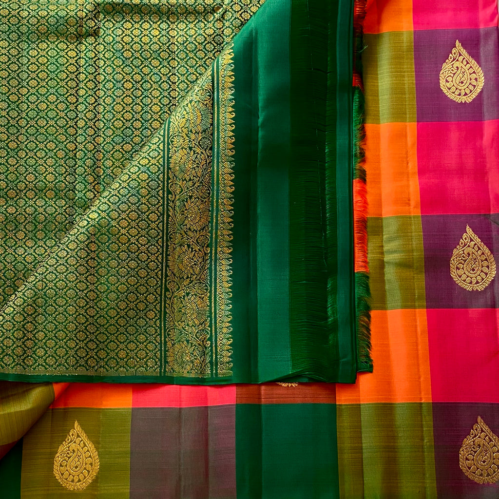 Vibrant checkered Kanjeevaram Pure Zari Silk Saree With bottle green Pallu