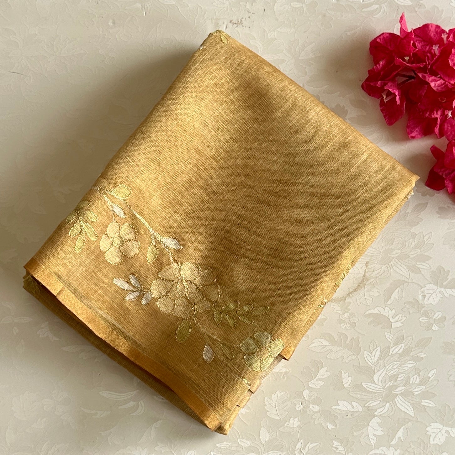 Mustard Gold Floral Embroidered Saree with Tassel Border Elegant Lightweight