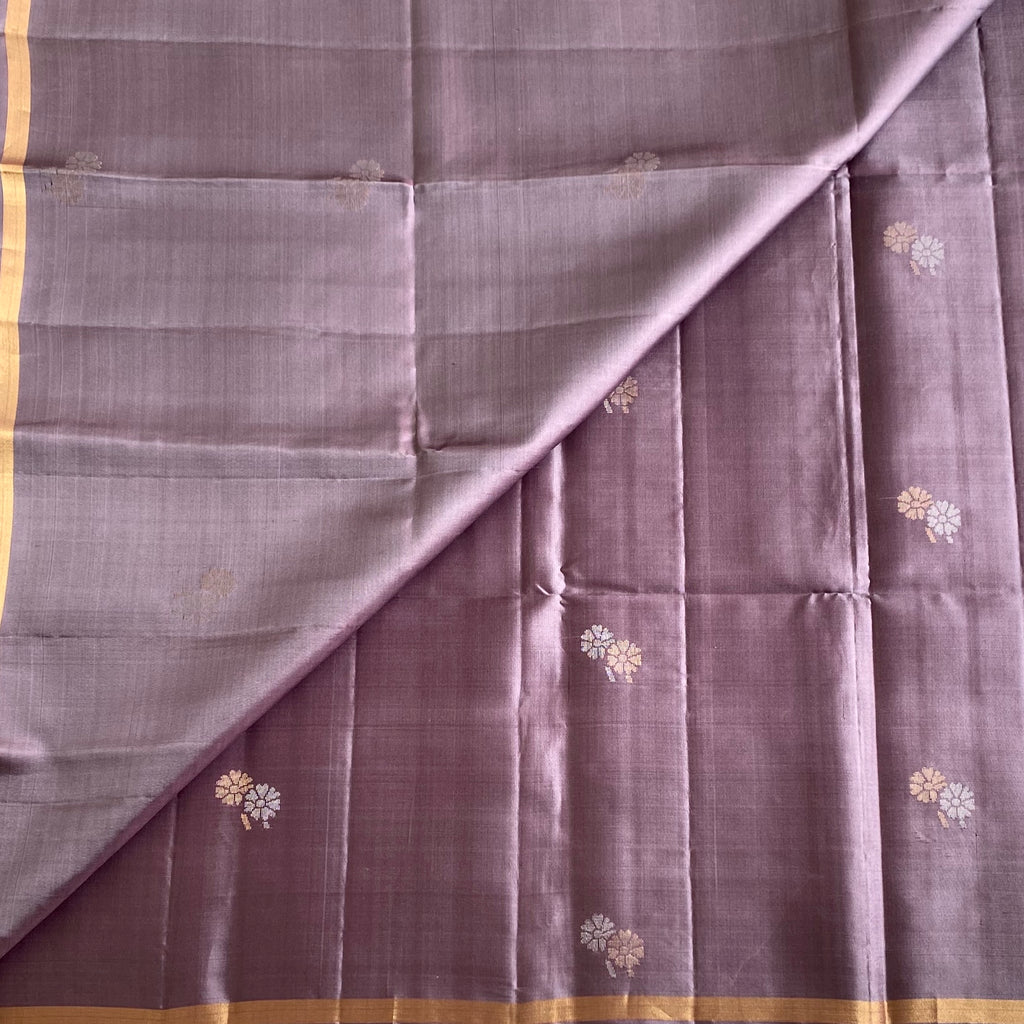 Dusty Greyish Mauve Designer Pure Silk Saree With Rani Pink Pallu