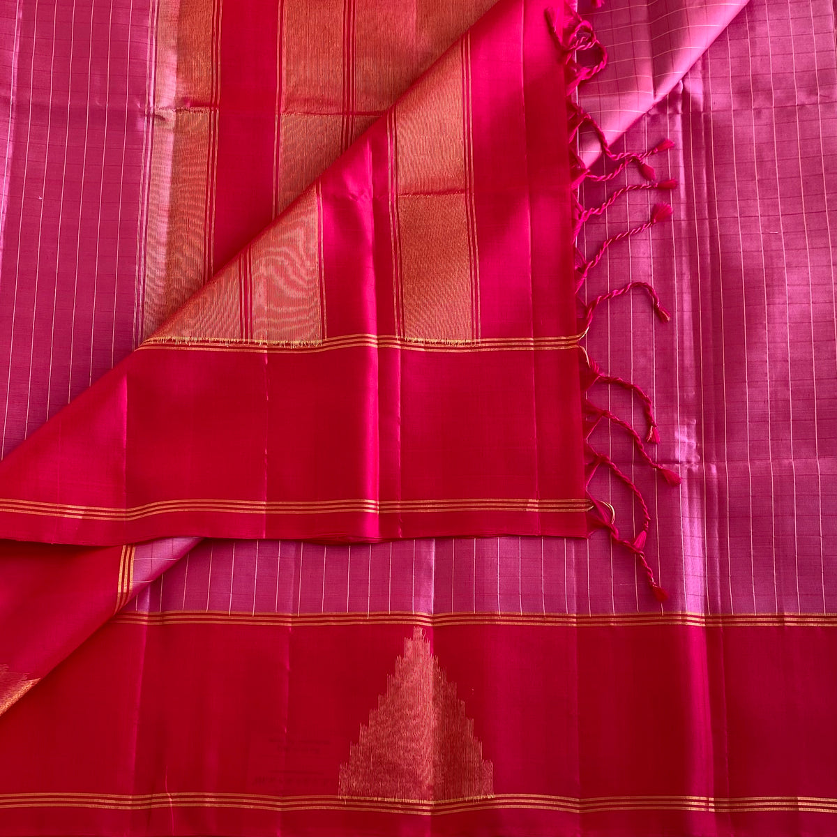 Metallic Rose Designer Pure Silk Saree With Magenta Pink Pallu Gold Stripes