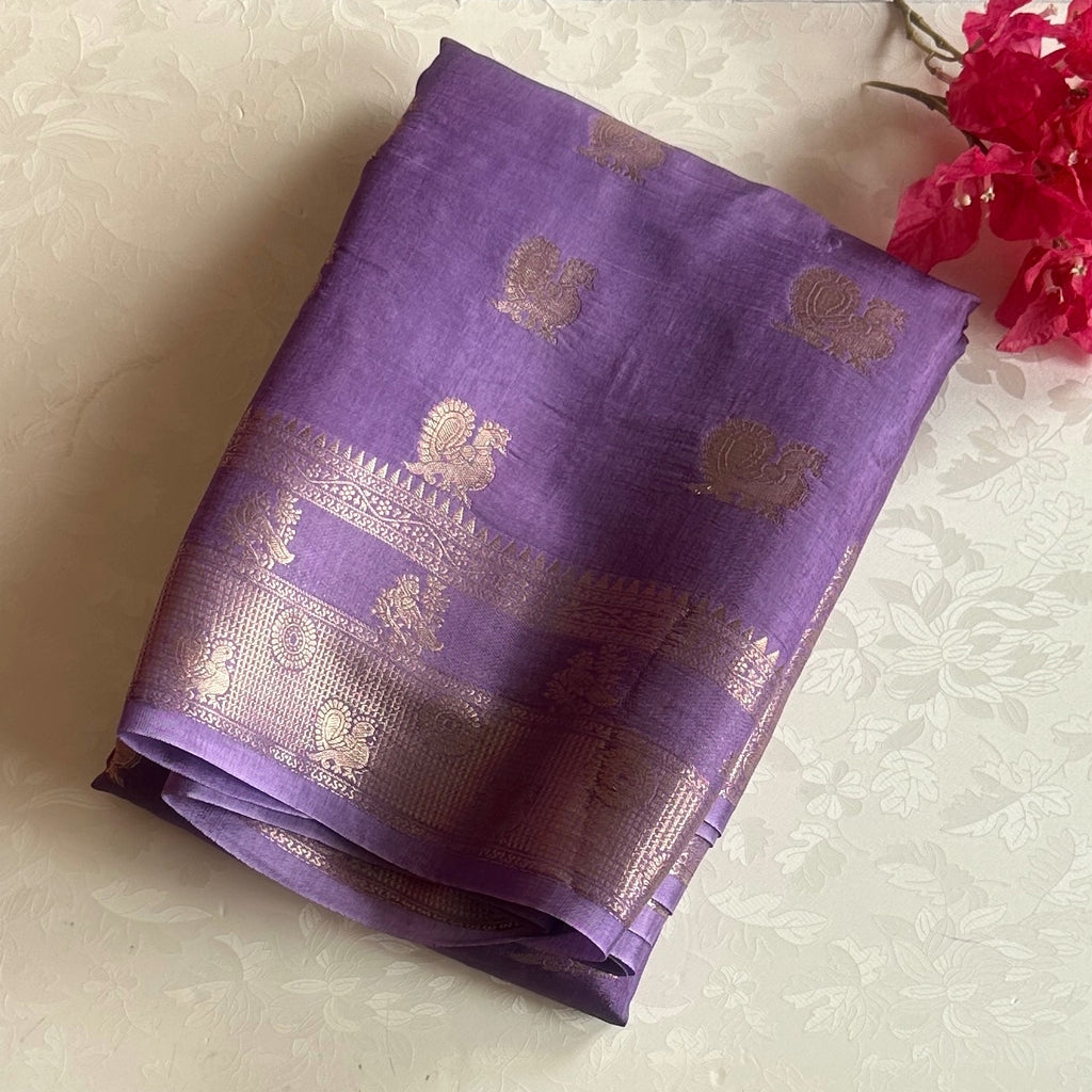 Plum Purple Silk Saree Antique Gold Brocade Medallion Pallu Wedding