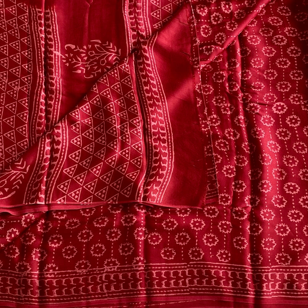 Burgundy Rose Pink Ajrakh Handblock Printed Silk Saree