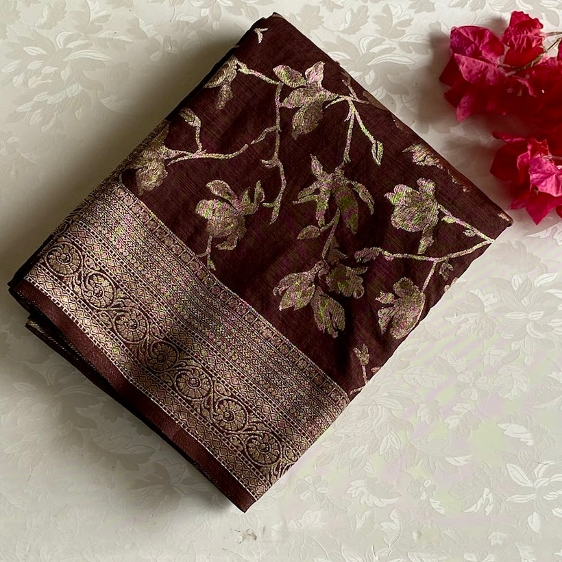 Chestnut Brown Soft Tussar Silk Saree With Antique Gold Pallu