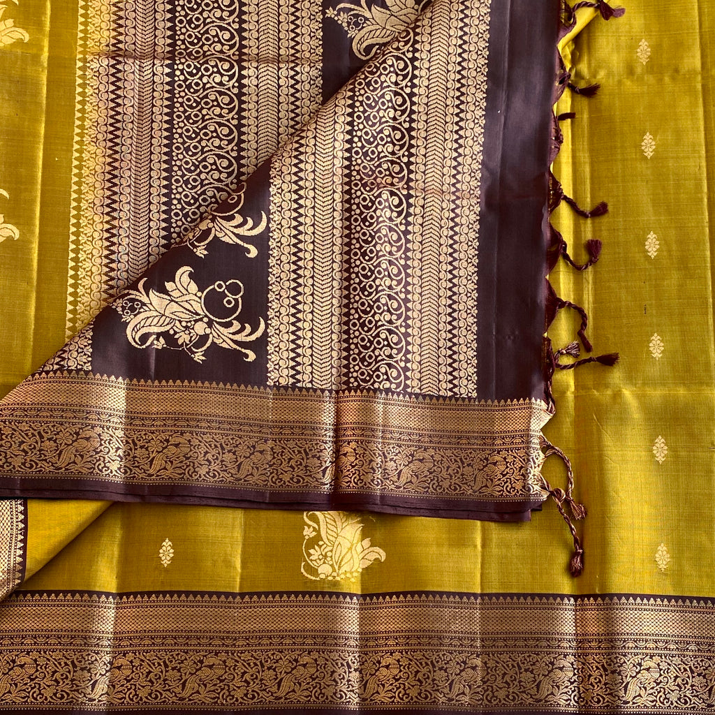 Deep Mustard Yellow Designer Pure Silk Saree With Wine Brown Pallu Gold Zari