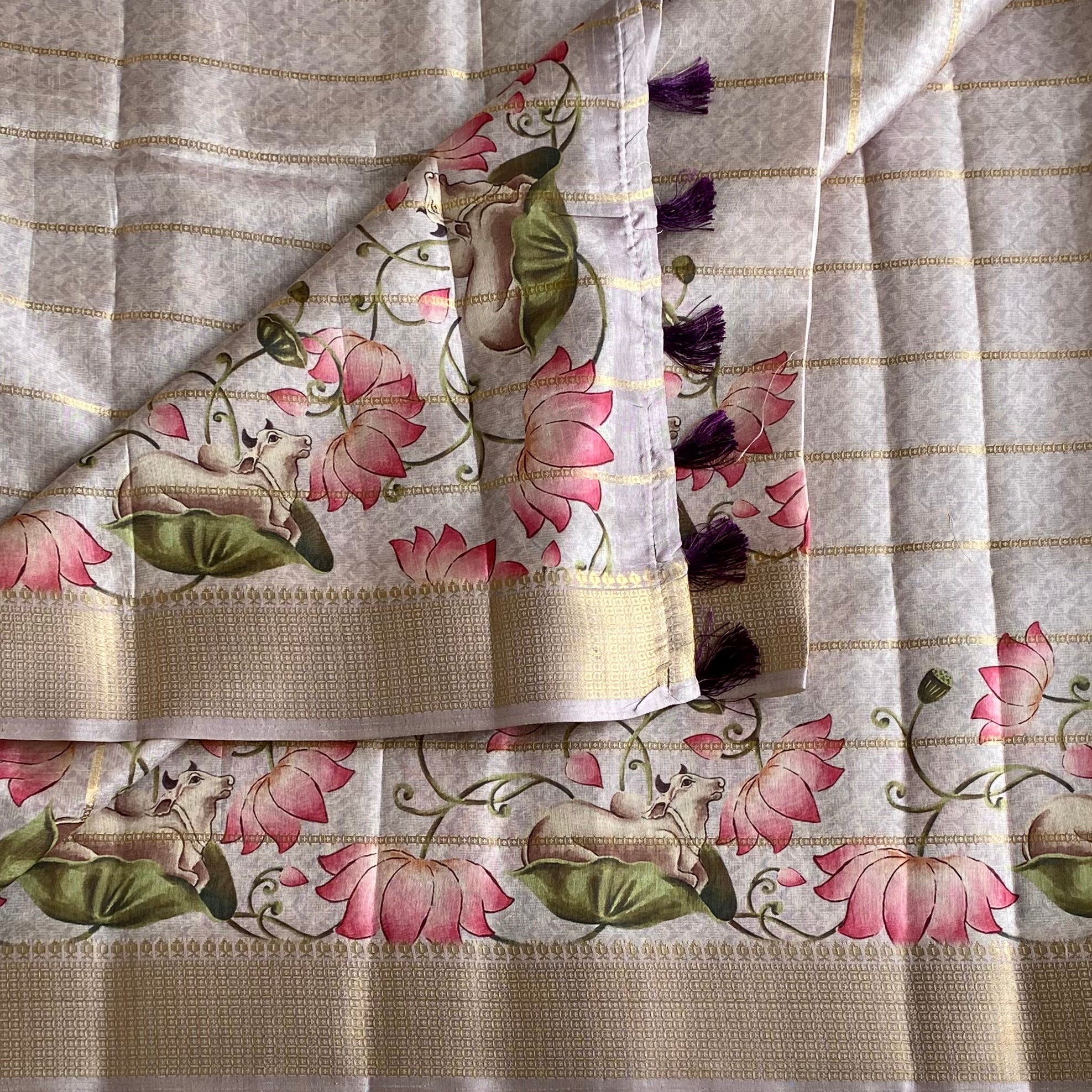 Lightest Silver Mauve Soft Tussar Silk Saree With Lotus Pink Pallu