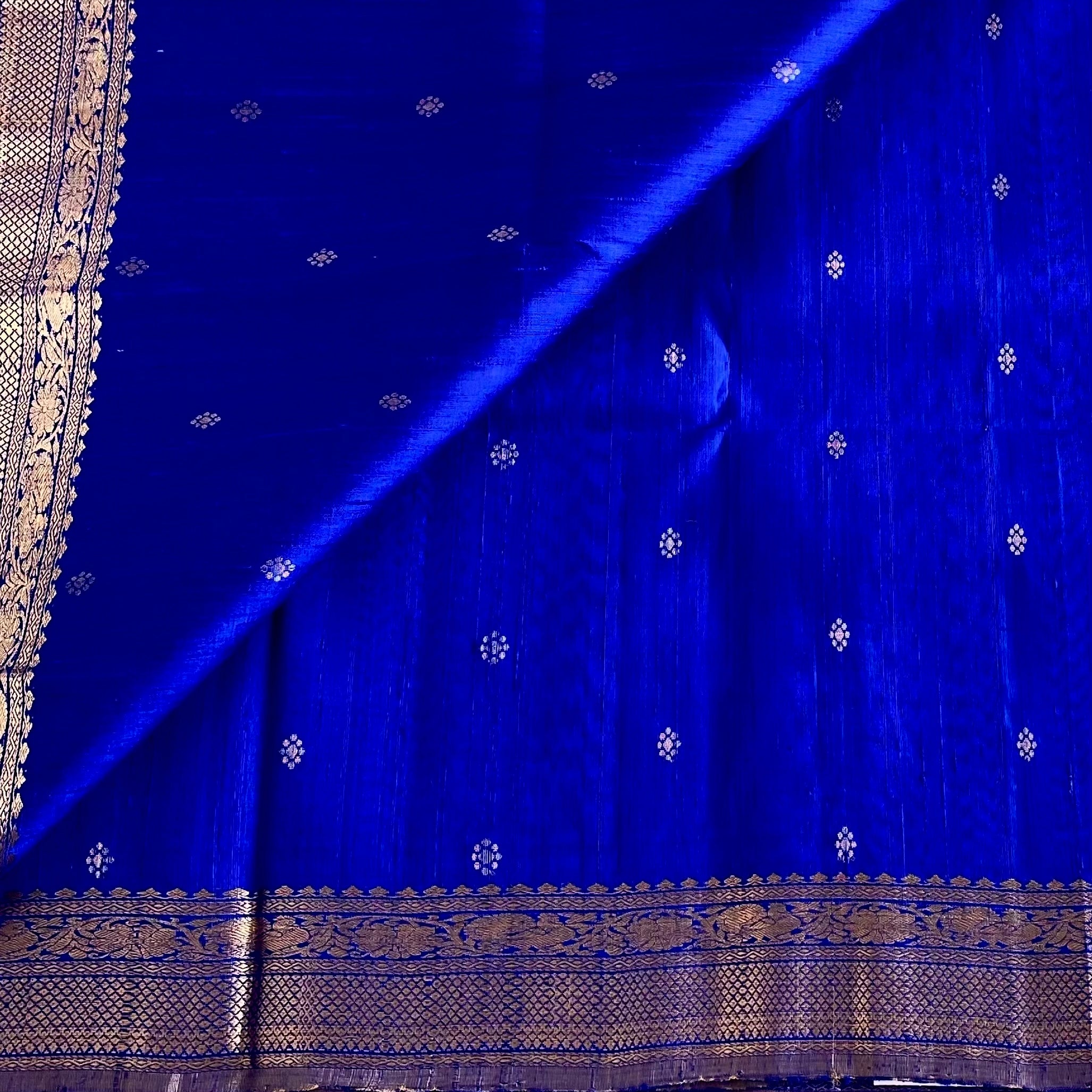 Royal Blue Designer Pure Raw Silk Saree With Crimson Red Pallu