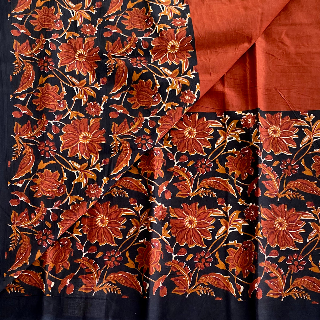 Midnight Black Floral Border Cotton Saree Burnt Sienna Pallu Traditional