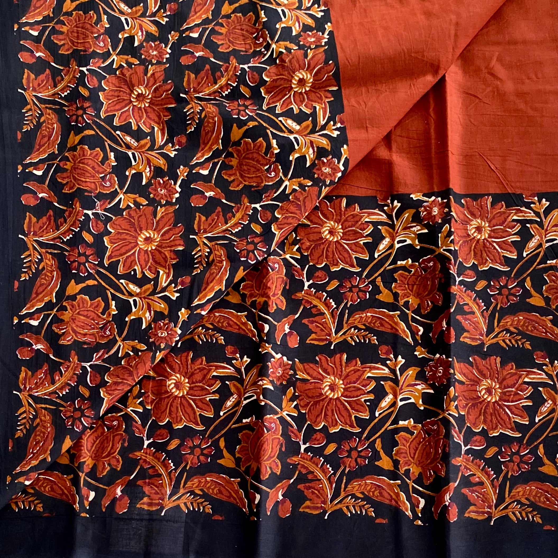 Midnight Black Floral Border Cotton Saree Burnt Sienna Pallu Traditional