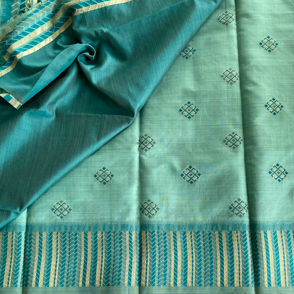 Elegant Mint Aqua Teal Chevron Zari Saree With Tassel Pallu