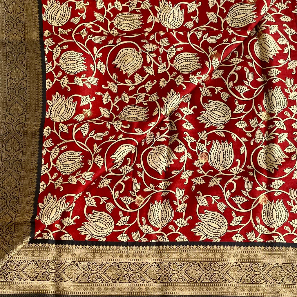 Crimson Red Soft Kalamkari Premium Tussar Silk With Midnight Black Pallu