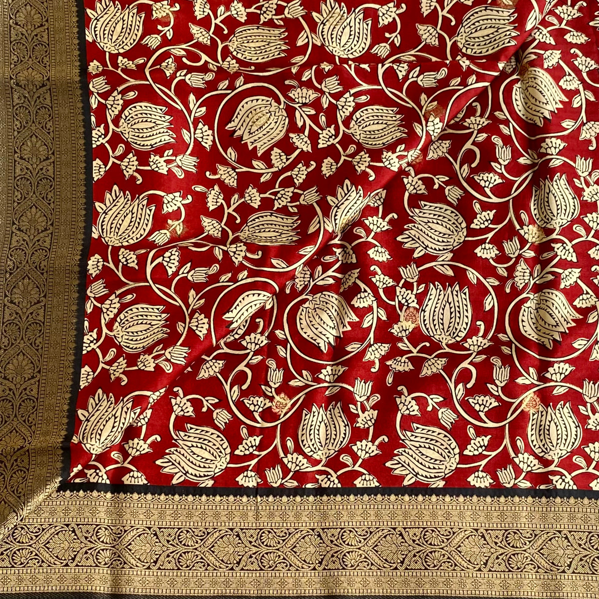 Crimson Red Soft Kalamkari Premium Tussar Silk With Midnight Black Pallu