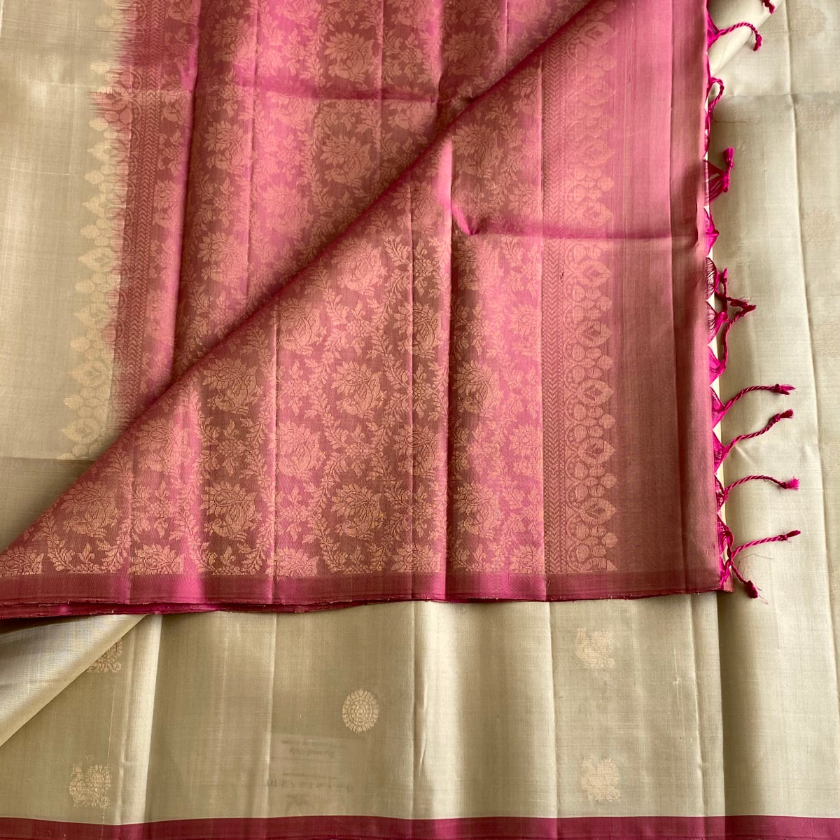 Champagne Beige Designer Pure Silk Saree With Dreamy Rose Pink Pallu