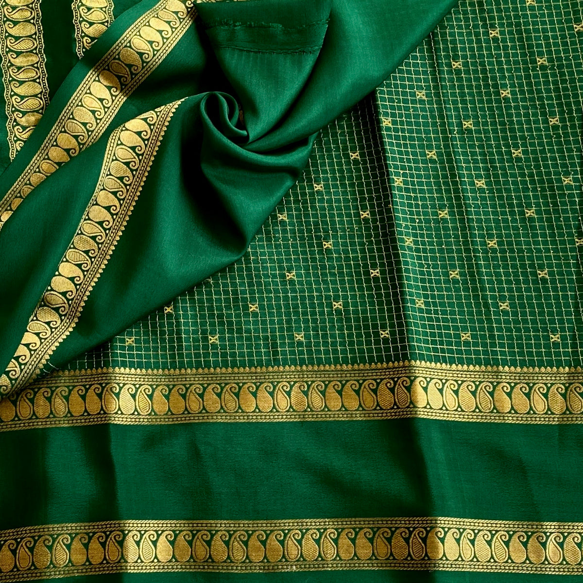 Emerald Green Mysore Crepe Silk Saree With Metallic Gold Paisley Border