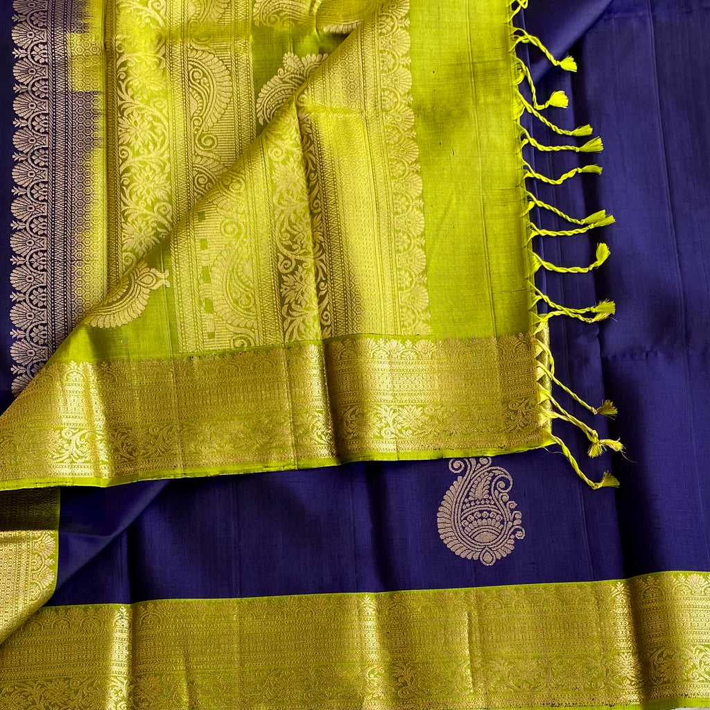 Navy Blue Designer Pure Silk Saree With Lime Green Pallu