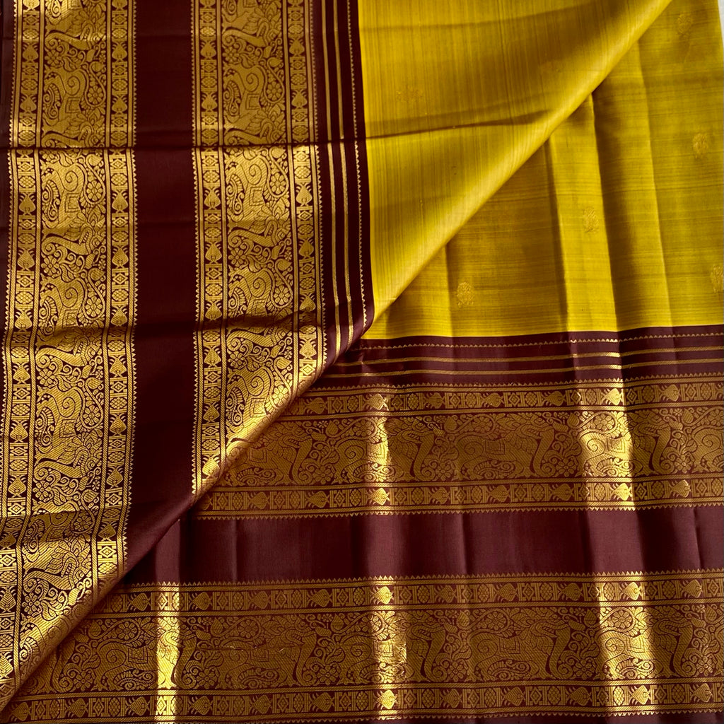 Vintage Mustard with Classic Coffee Wine Retta Pett Pure Kanjeevaram Pure Zari Silk