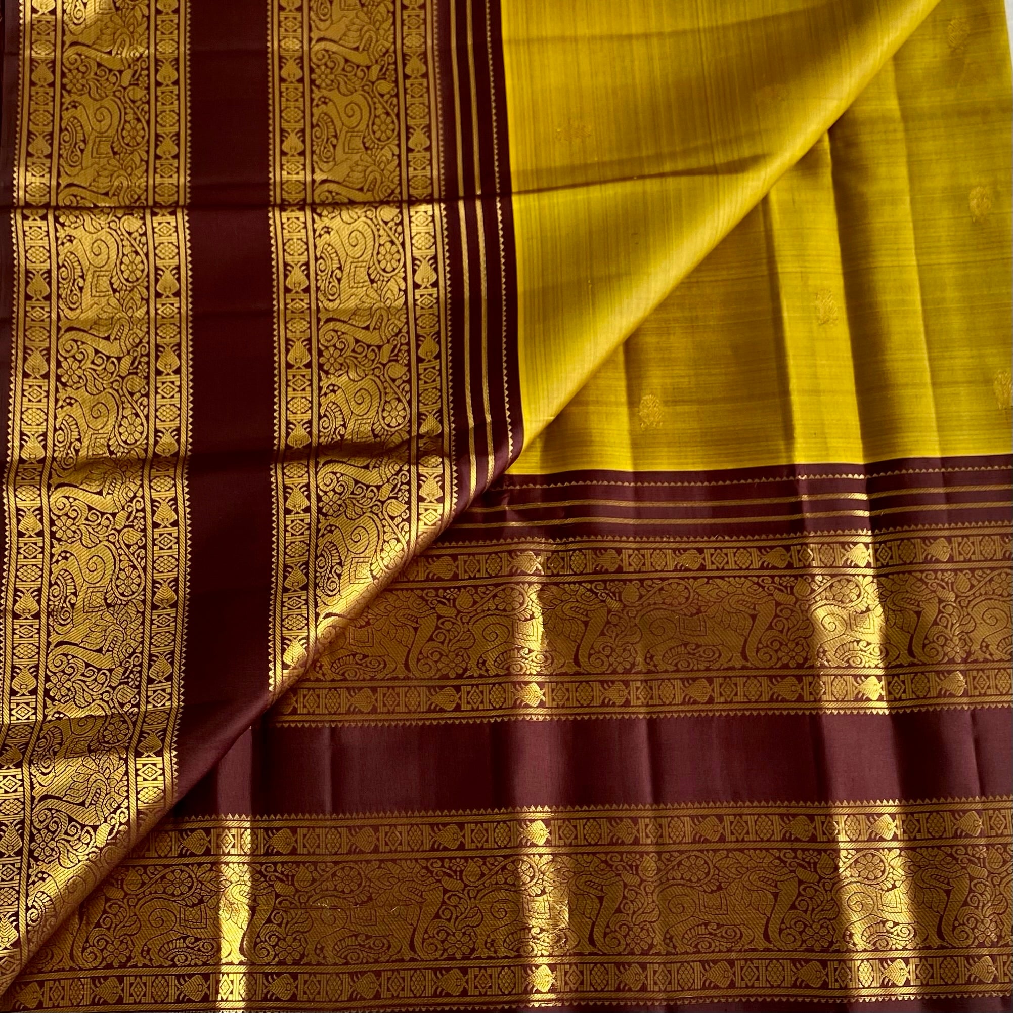 Vintage Mustard with Classic Coffee Wine Retta Pett Pure Kanjeevaram Pure Zari Silk