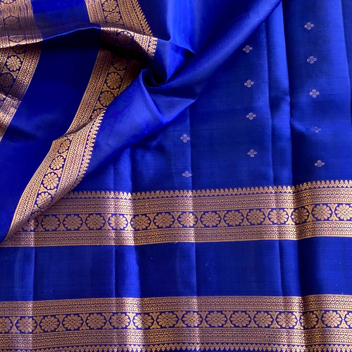 Royal Blue Designer Pure Silk Saree With Antique Gold Pallu