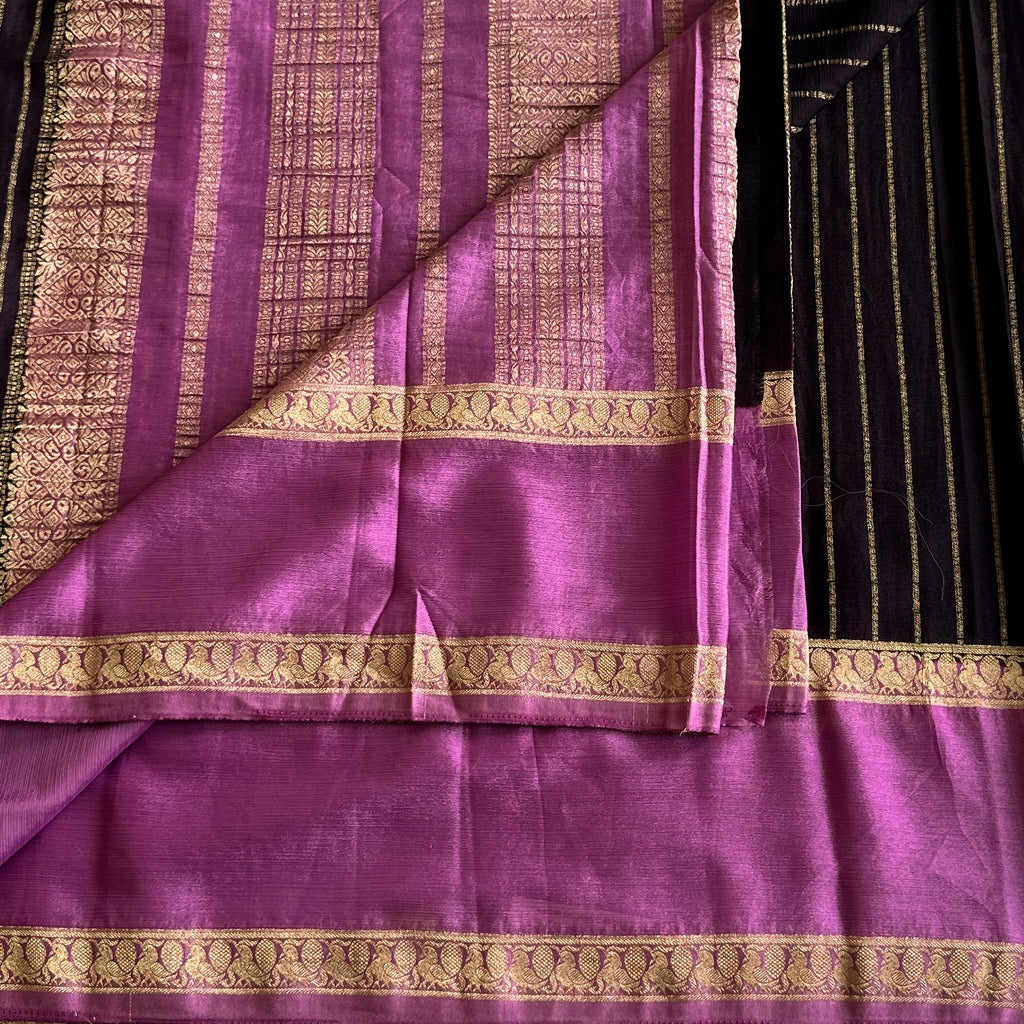 Magenta Black Silk Saree Gold Zari Brocade Floral Border Traditional