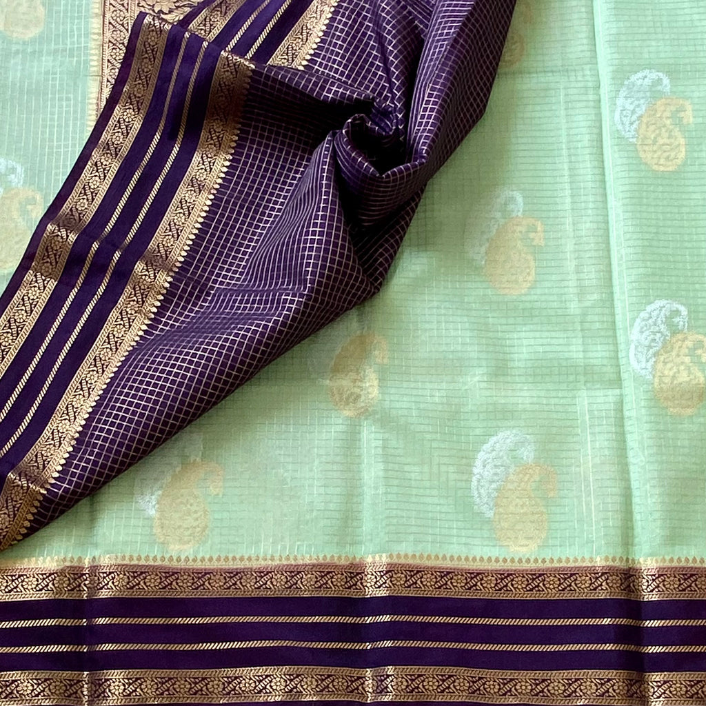 Mint Green Silk Saree with Deep Violet Gold Brocade Pallu
