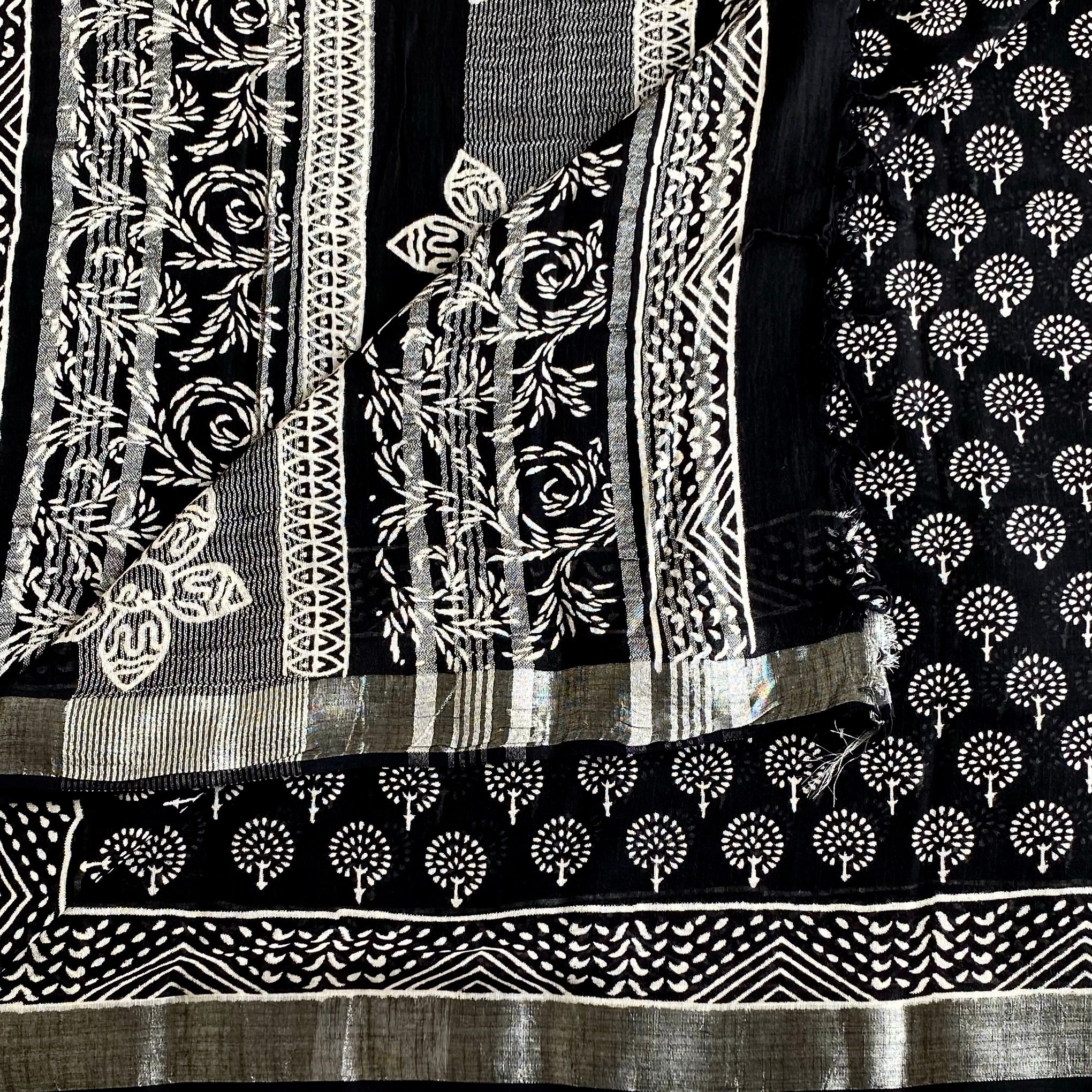 Jet Black Block Printed Soft Linen With Off White & Antique Silver Borders