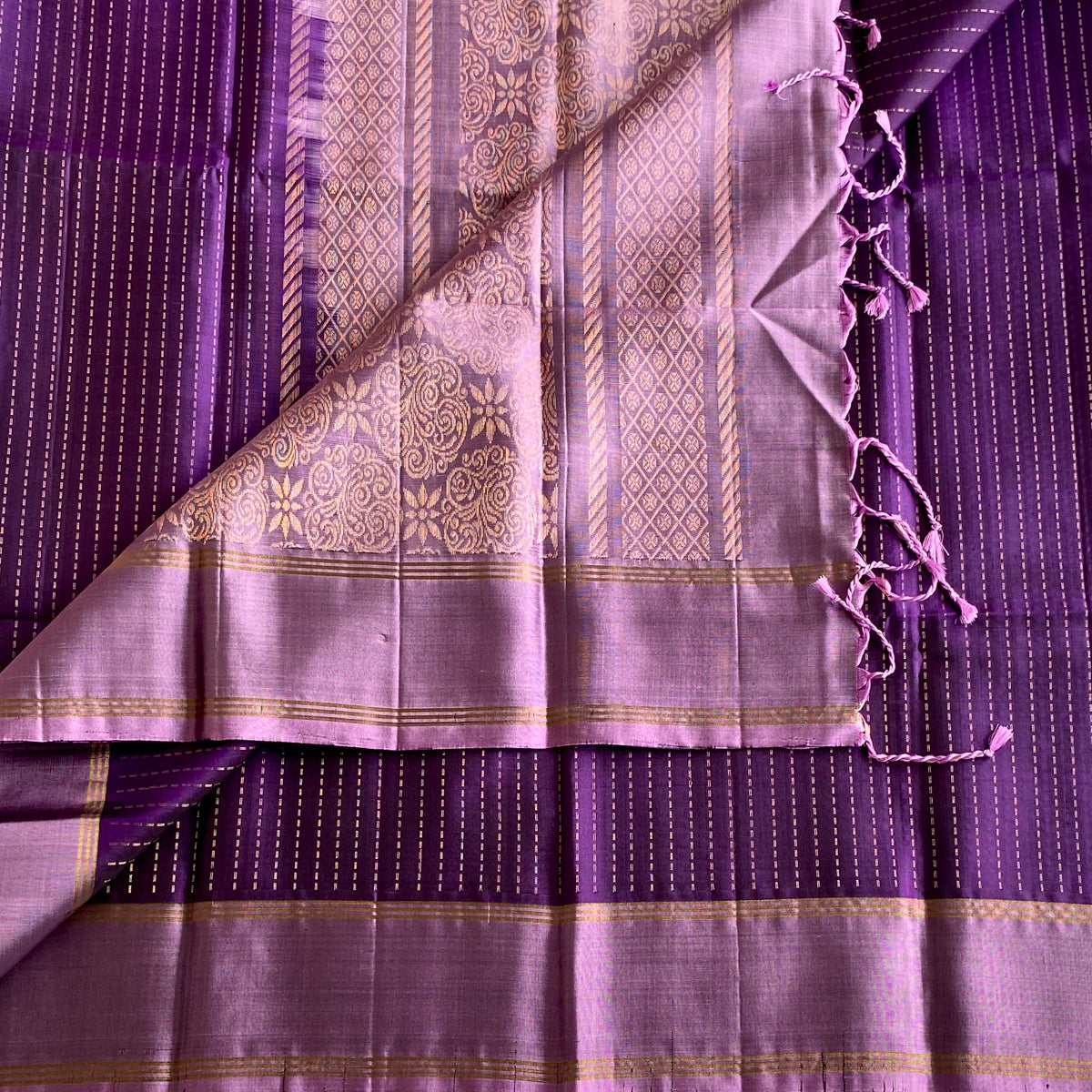 Deep Purple Designer Pure Silk Saree With Metallic Lavender Floral Pallu