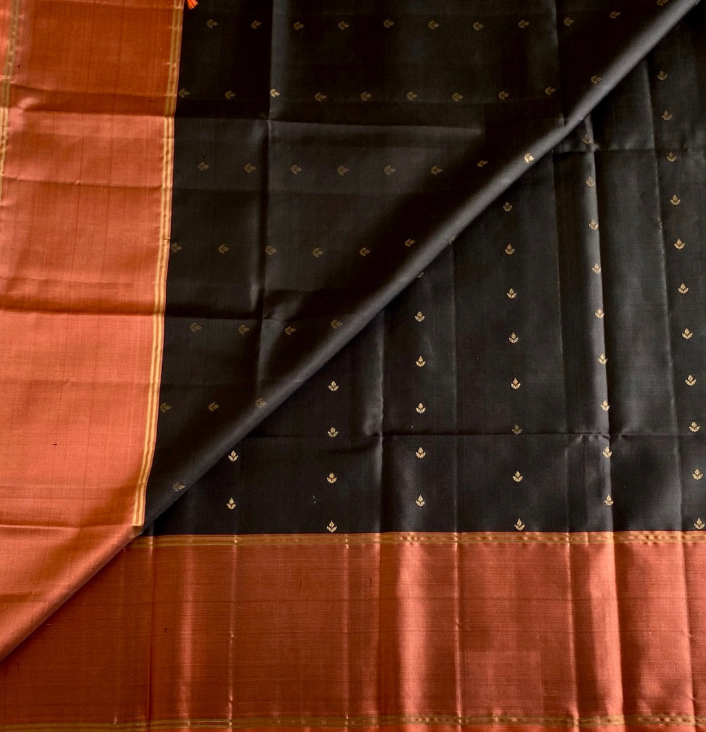 Burnt Orange Designer Pure Silk Saree With Black Pallu