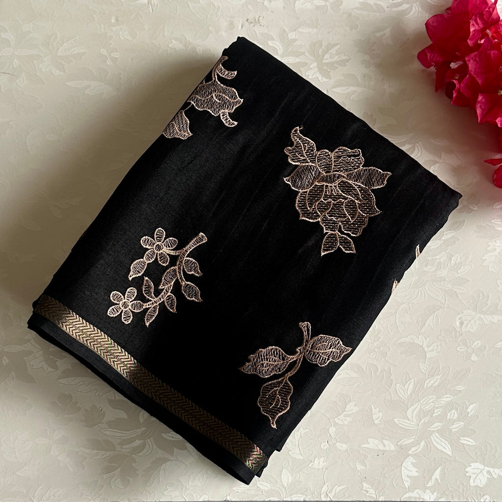 Jet Black Soft Tussar Silk Saree With Blush Embroidery Gold Pallu